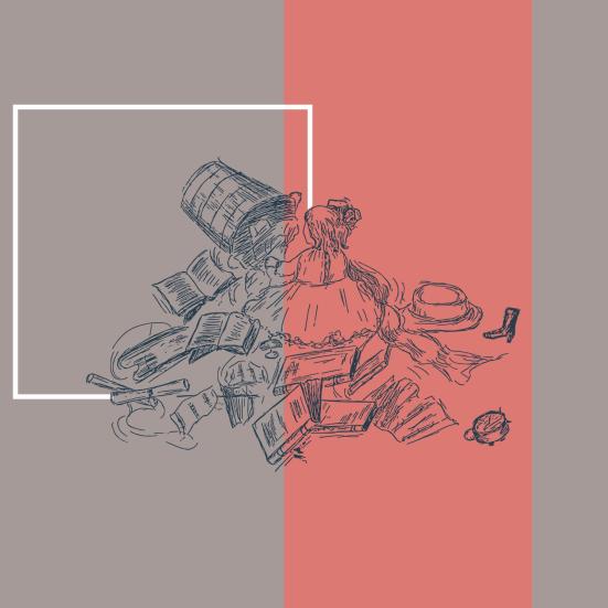 Stregtegning af en pige, der sidder i en bunke bøger og løse papirer.