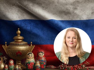Foto af det russiske flag samt Kristine Amalie Rosgård