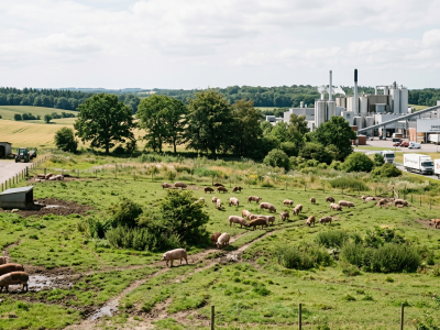 AI billede af grise på græs ved siden af et slagteri