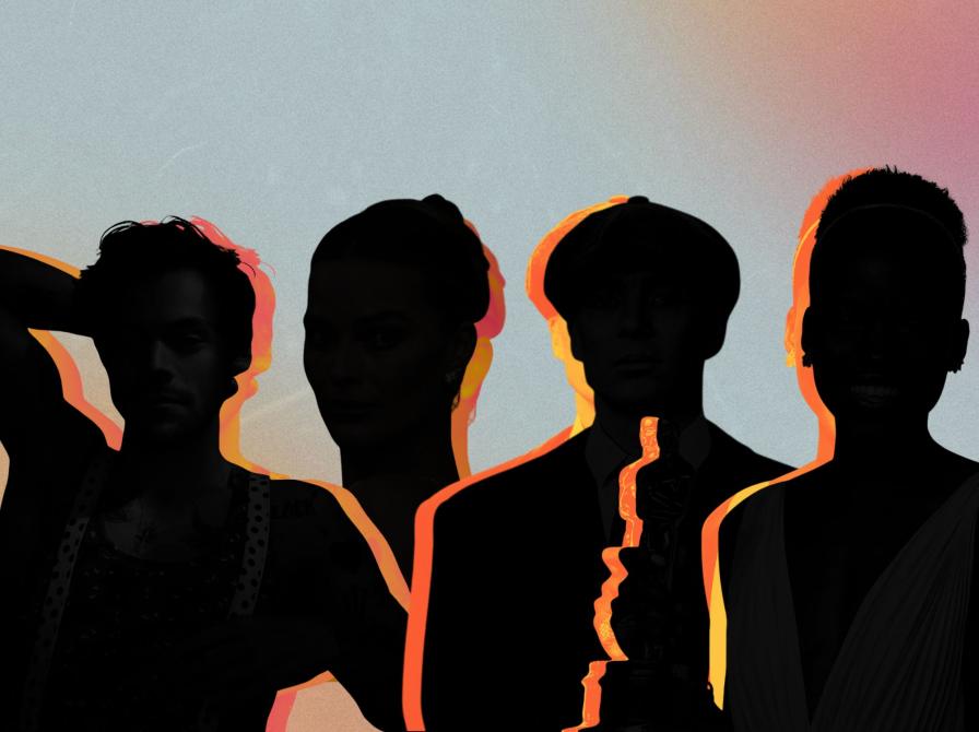 Stiliseret gruppeportræt af fire silhuetter foran en pastelfarvet baggrund.